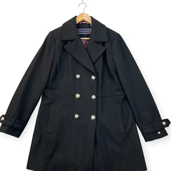 Tommy Hilfiger Womens Peacoat Wool Blend Sailor Coat Double Breast Lined Blk XL - Picture 2 of 16